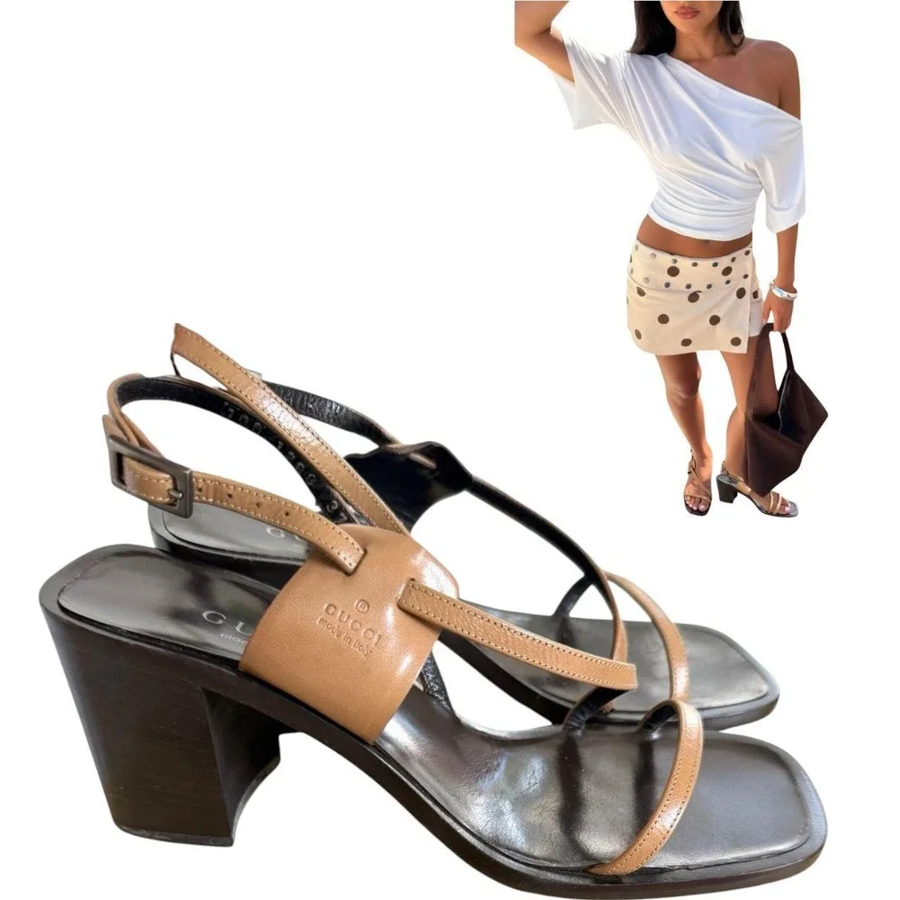 VTG.. 90s Tom Ford for Gucci Tan Leather Square Toe Block Heel Sandals 7-7.5 EUC